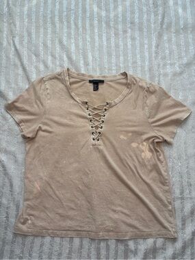 Lace-Up Short Sleeve Distressed Bleach Detail Top in Light Beige